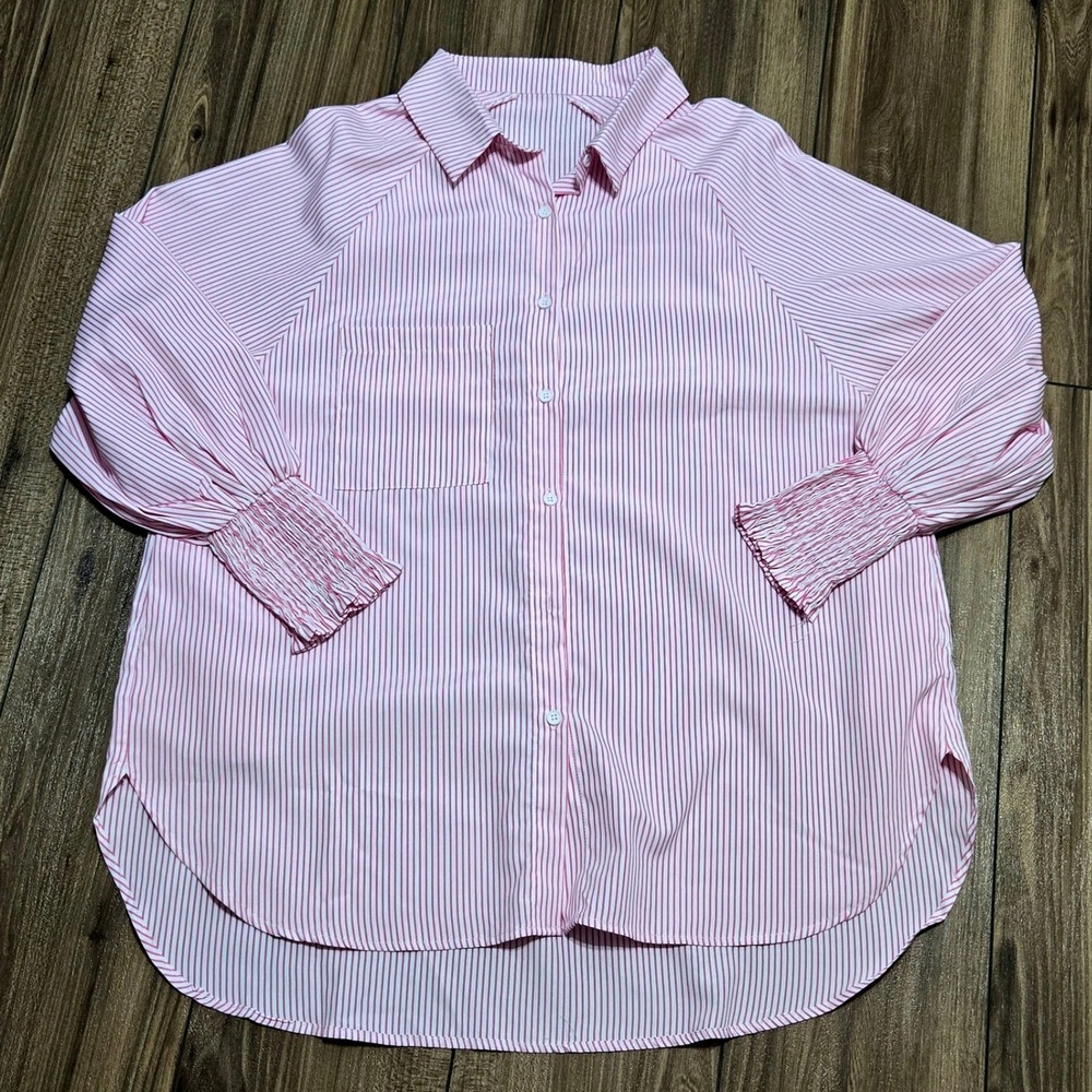 Pink White Striped Button Down Tunic Shirt Smocked Cuffs Relaxed Fit Top XL - Picture 2 of 9